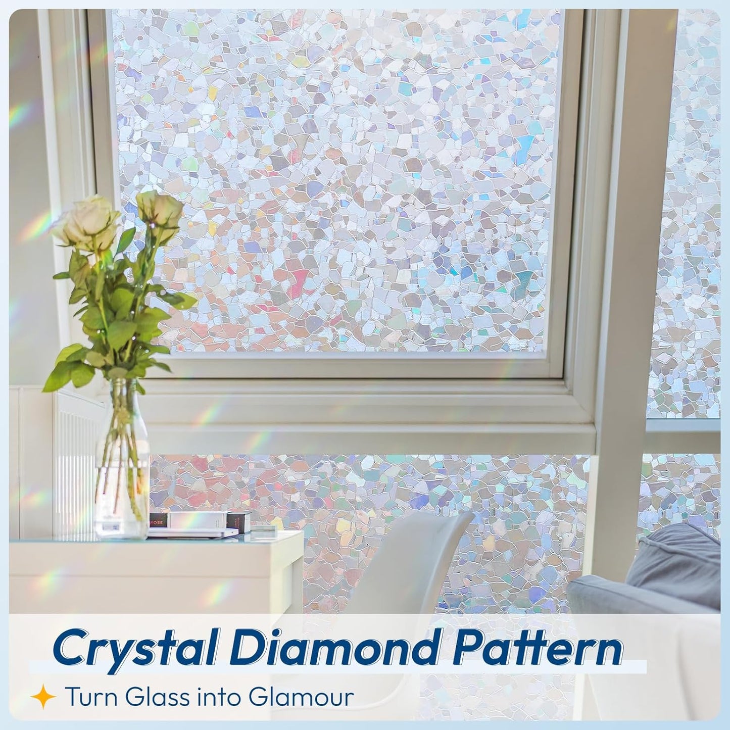 rabbitgoo Rainbow Window Privacy Film Decorative Stained Glass Diamond Pattern Window Sticker with Iridescent Tint Non-Adhesive Static Cling for Home Office Crystal Pattern, 17.5 x 157.4 inch