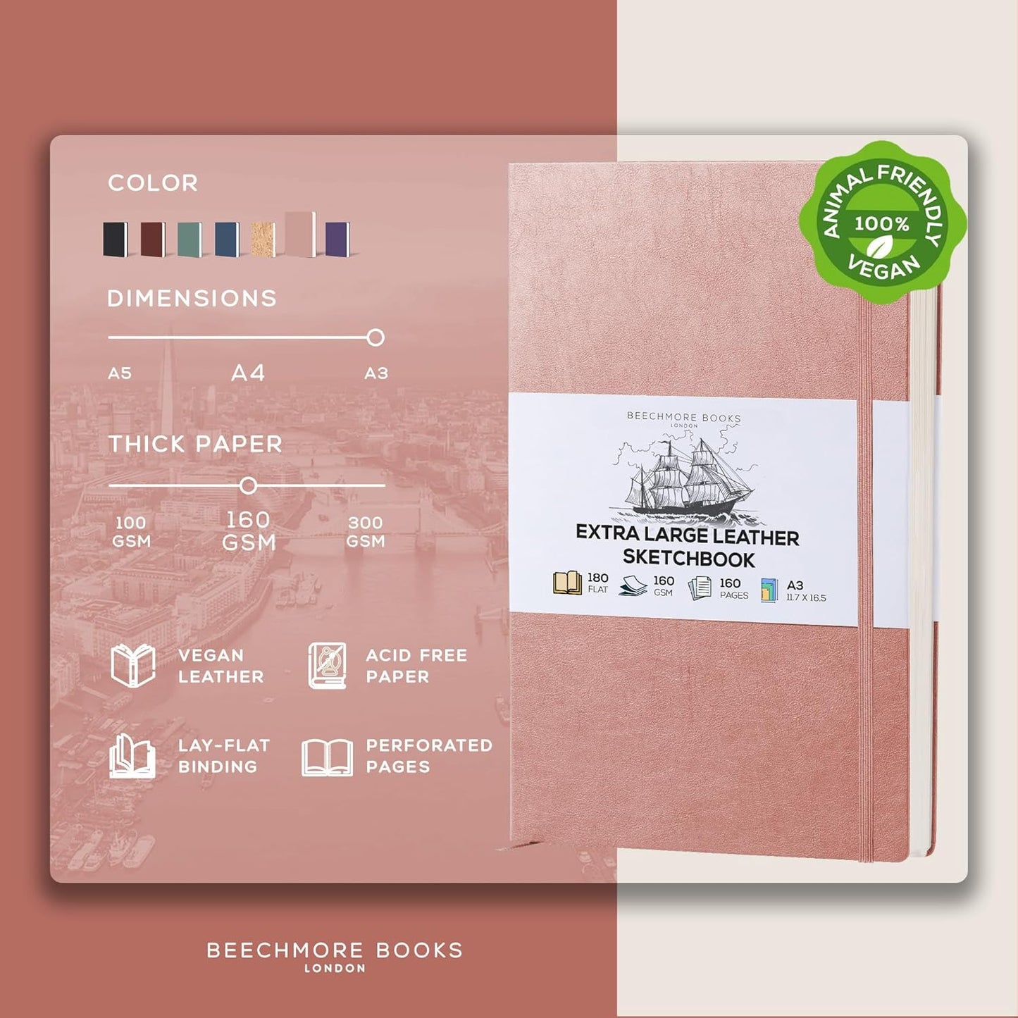 Beechmore Books A3 Sketchbook – 11.7x16.5 Premium Vegan Leather Bound Extra Large Sketch Book Hardcover, 160gsm 160 Perforated Ivory Pages, Blank Sketch Pad, Gift Boxed, Back Pocket, Ribbon Bookmark