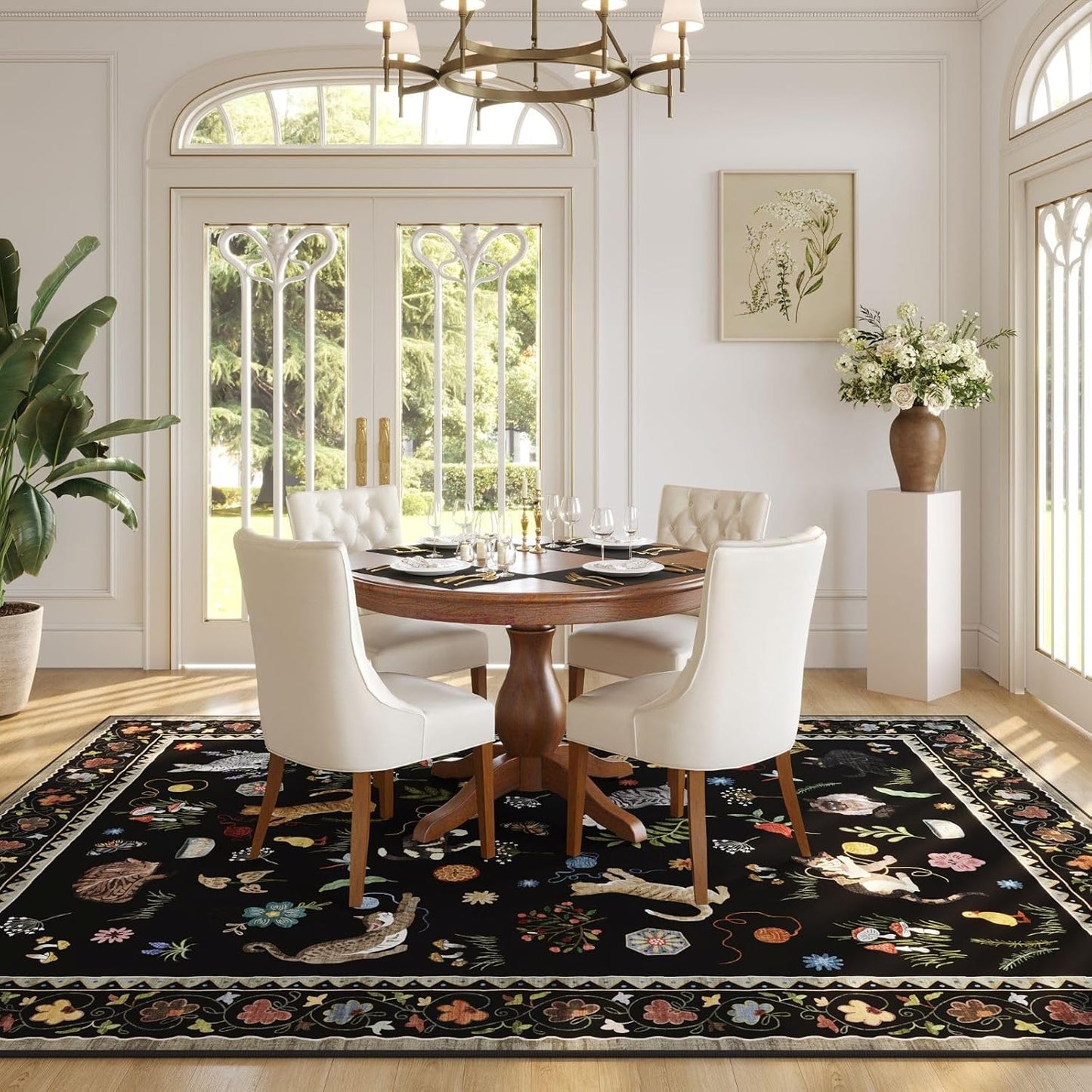 Rugcomf Living Room Rug 5x7 Rug Machine Washable Boho Area Rug Non Slip Floral Animal Cat Vintage Low Pile Large Rugs for Living Room Bedroom Farmhouse Dining Room Kids Playroom, Black