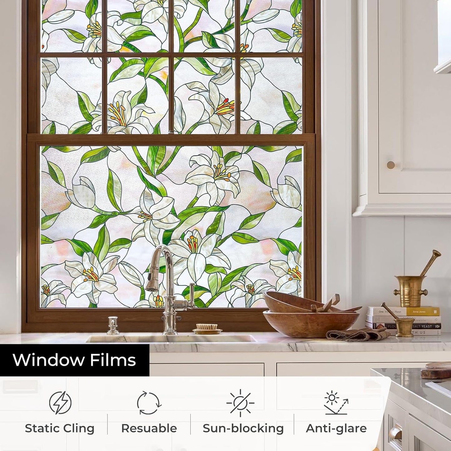3D Stained Glass Window Film, Decorative Window Privacy Film for Bathroom, Front Door, Home, Sun Blocking Heat Control, Static Cling,White Lily 17.3inch x 47.2inch