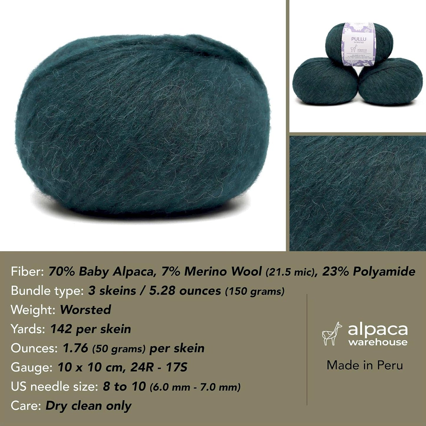 Pullu - Baby Alpaca Merino Wool Yarn Set of 3 Skeins (150 Grams) Worsted Weight - Sourced Directly from Peru - Heavenly Soft and Perfect for Knitting and Crocheting (Emerald Green)