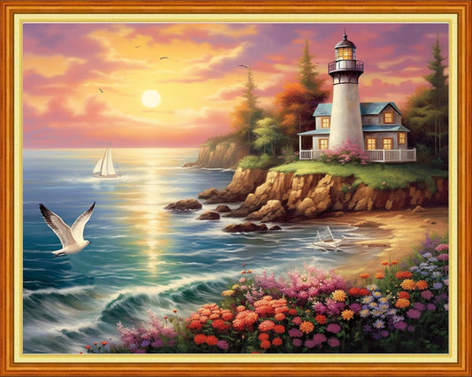 DMCVIVR Stamped Cross Stitch Kits for Adults Beginners Embroidery Kits 11CT Needlepoint Kits Cross Stitch Patterns Embroidery Patterns&Seaside Lighthouse 16x20 inch
