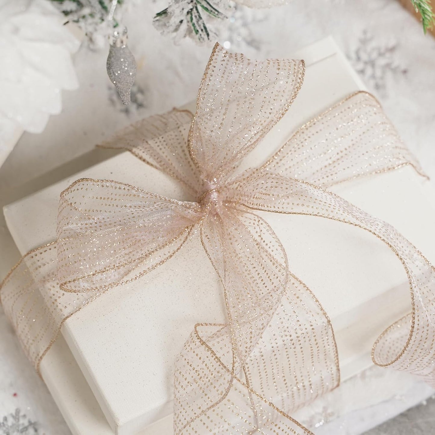 MEEDEE Rose Gold Sheer Glitter Wired Ribbon 2.5 Inch Horizontal Stripes Polka Dot Christmas Ribbon Organza Sheer Glitter 25 Yards for Christmas Tree, Wreath, Bow Making