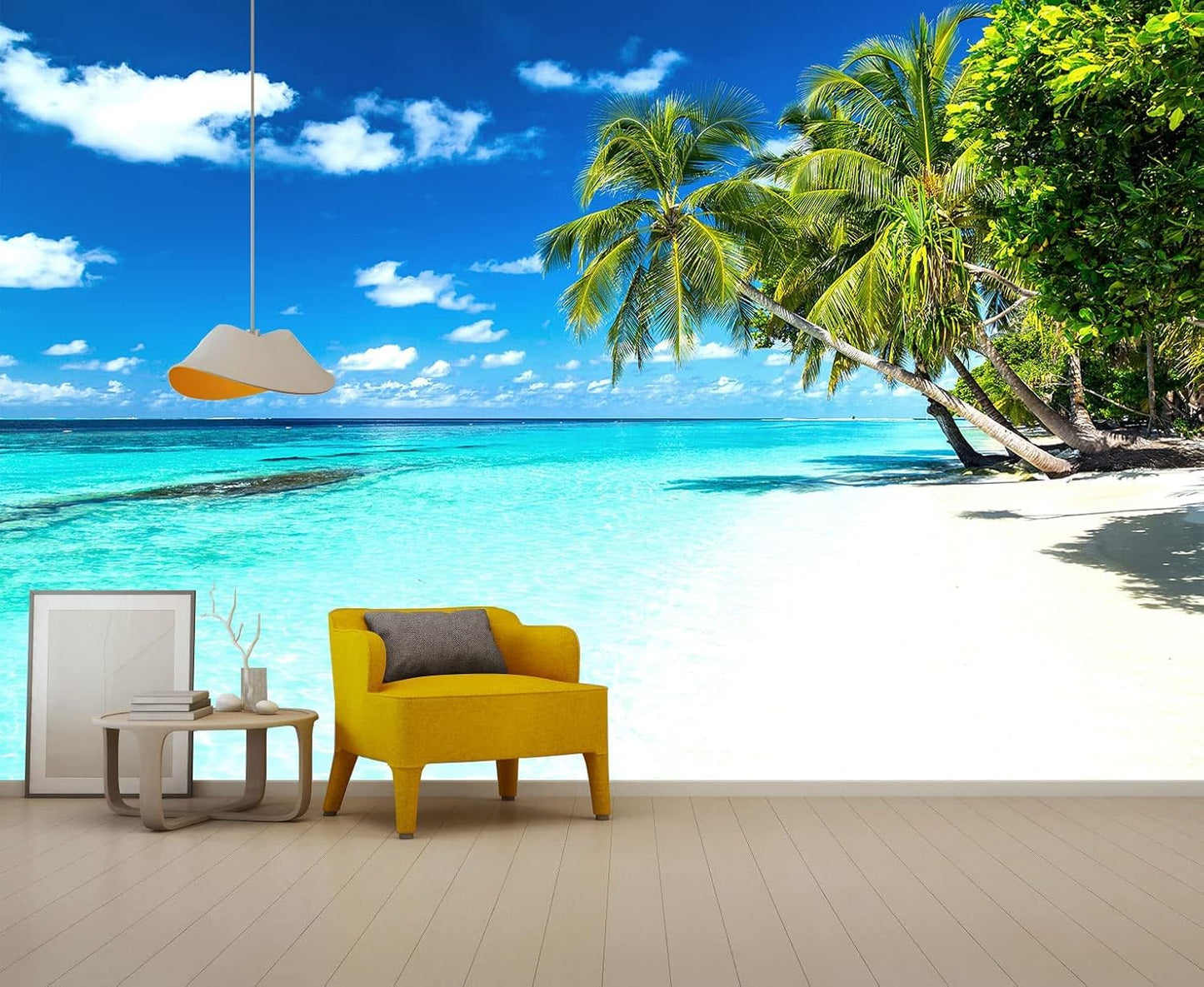 Palm Tree Wall Mural Tropic Paradise Beach Seascape Murals Wallpaper for Walls Bedroom Living Room Bedroom TV Background Kids Room Decoration（Not Peel and Stick）