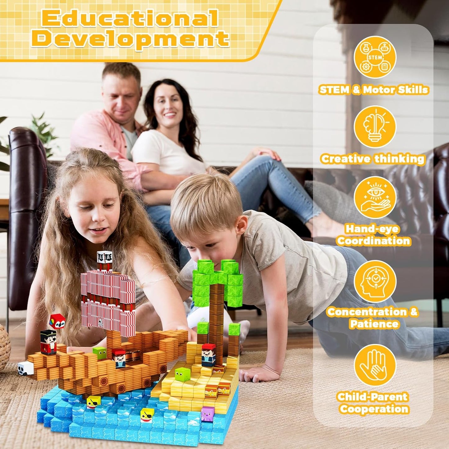 Magnetic Blocks - 100PCS Build Pirate-Ship World Set - Magnetic Building Cube Stacking, STEM Montessori Sensory Toys for Kids Boys Girls Ages 3 4 5 6 7 8 9 10 Easter Birthday Gifts