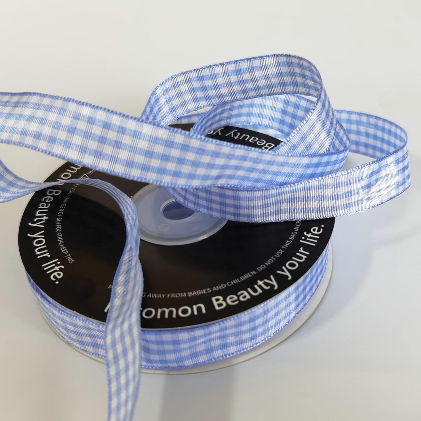 Light Blue Gingham Plaid Checked Ribbon 25 Yard Each Roll 100% Polyester (5/8", Light Blue)