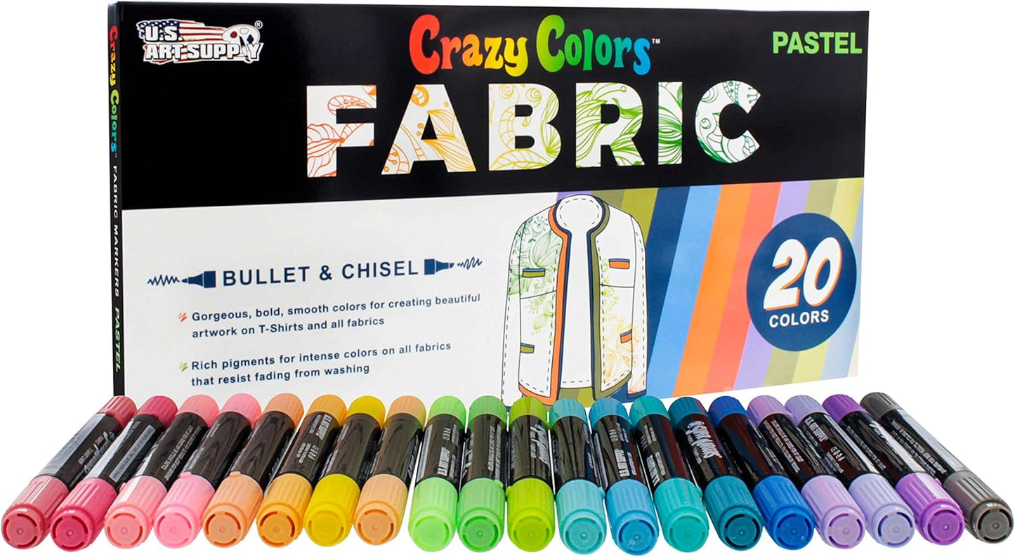 Super Markers 20 Unique Pastel Colors Dual Tip Fabric & T-Shirt Marker Set - Double-Ended Fabric Markers with Chisel Point and Fine Point Tips - 20 Permanent Ink Vibrant and Bold Colors