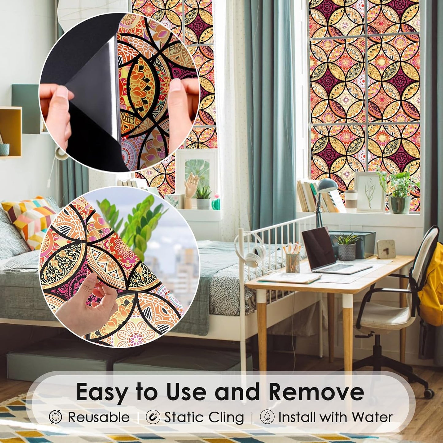 DKTIE Stained Glass Window Film with Installation Tools - Bohemian Style, Privacy Protection, Softening Light, Home Decorative Window Film, 17.7 x 78.7 Inch