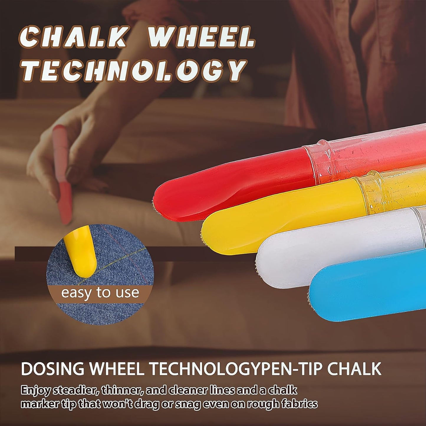 Fabric Chalk Markers for Sewing,Quilting,Crafting|Erasable Tailor’s Chalk|Work on Various Fabrics|Dosing Wheel Drawing Intricate Patterns Precise Lines-Per Pack(Blue,White and 1 Ruler)