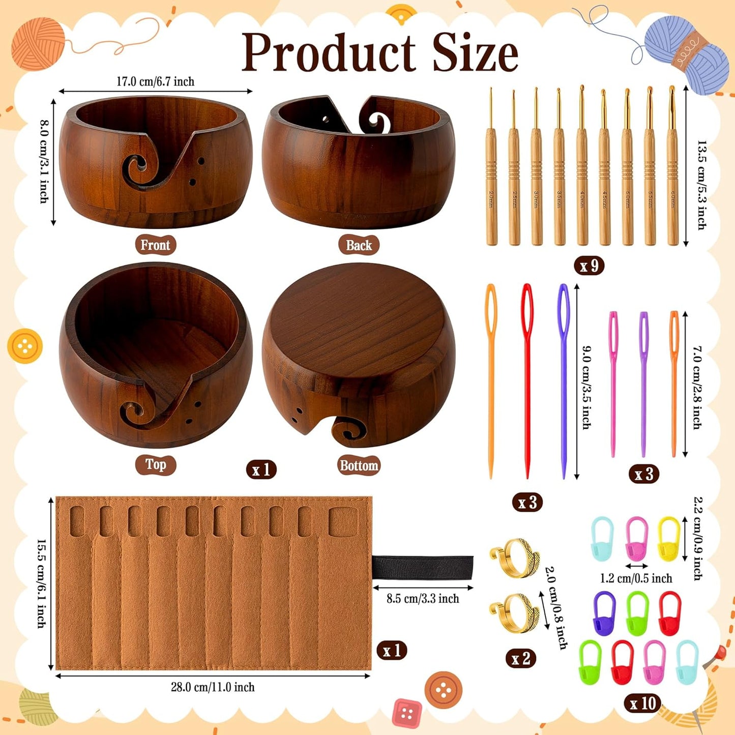 WATINC Wooden Yarn Bowl Holder Set - Large Crochet Yarn Storage Bowls with 9pcs Metal Knitting Hooks, Adjustable Loop Ring Stitch Markers with Box Crochet Gifts for Knitters Crocheters (Dark Brown