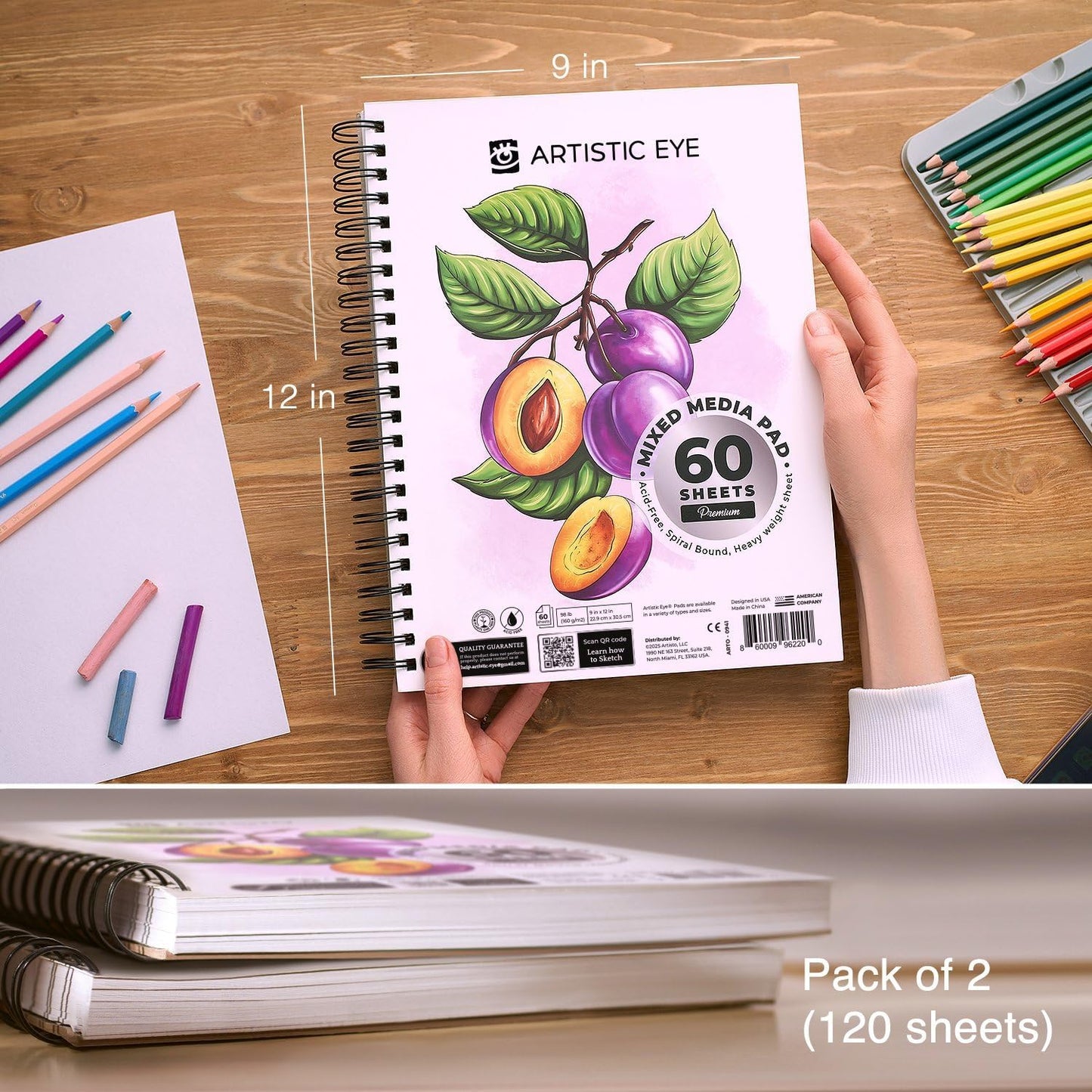 ARTISTIC EYE 9x12 Premium Mixed Media Sketchbooks: Pack of 2 (120 Sheets), 160 GSM, Spiral Bound Sketch Pads, Suitable for a Variety of Wet and Dry Media, Ideal for All Artists