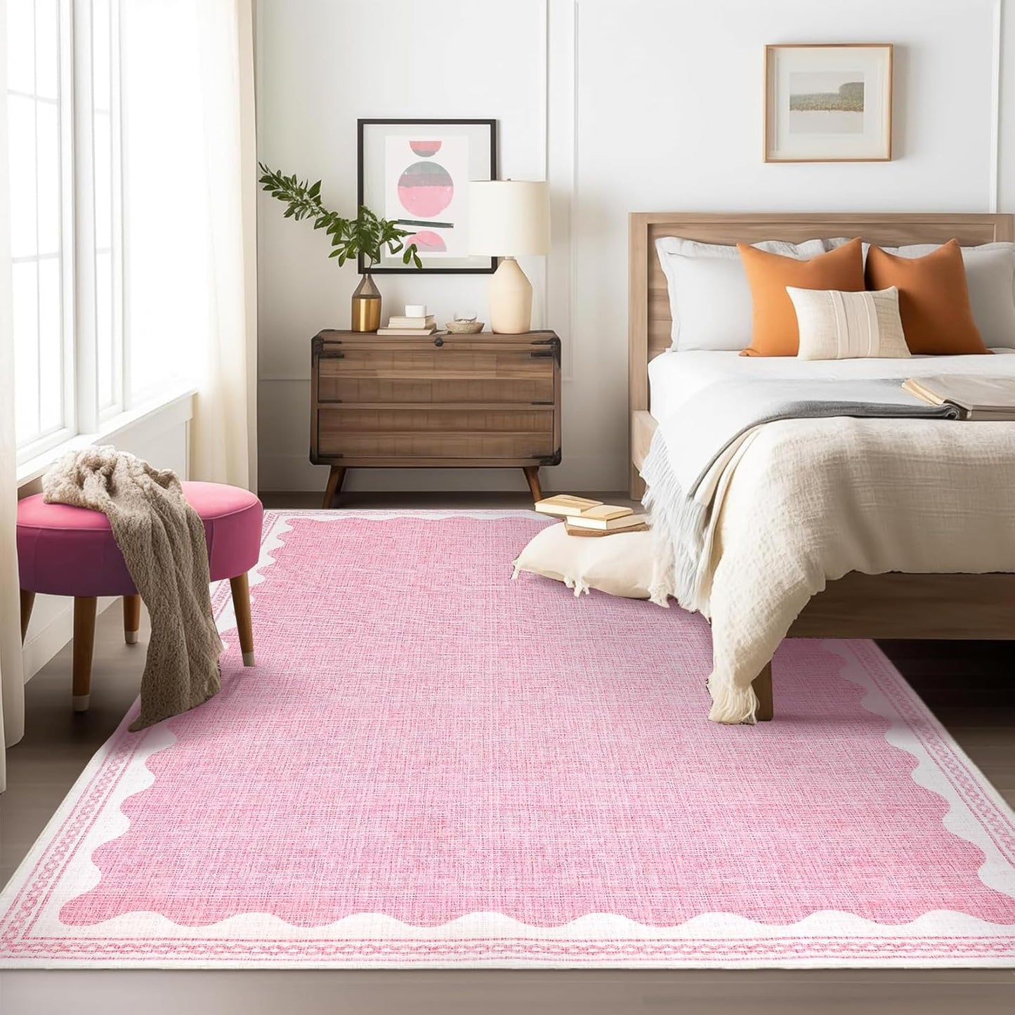 Scalloped Washable Rug 5x7 Area Rugs for Living Room, Solid Pink Rugs for Bedroom Girls, Non Slip Scalloped Rug Throw Mat with Rubber Back, Soft Dorm Nursery Low Pile Carpet for Dining Room
