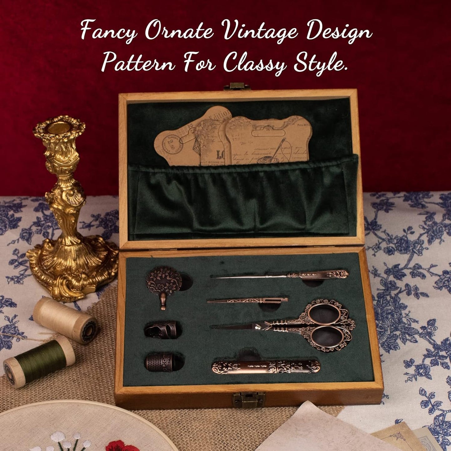 Vintage Embroidery Scissors Kit, Victorian Needlework Gift Set with Antique Shear, Thread Cutter, Thimbles, Needles, Awl, Bodkin, Winding Board for Sewing, Knitting, Cross Stitch, Quilting