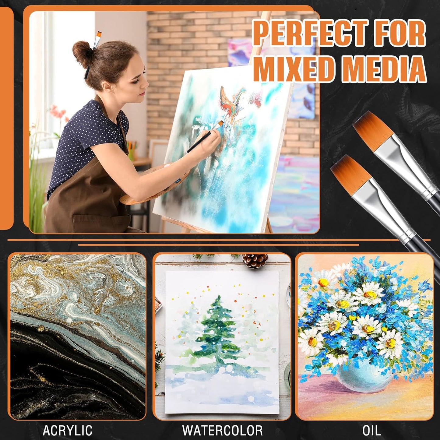 Zonon 10 Pcs 3/4 Inch Flat Paint Brushes Acrylic Painting Craft Accessories Small Watercolor Paint Brushes Bulk for Adult Artist Detail Oil Canvas Face(8.1 x 0.9 x 3/4 Inch,Black)