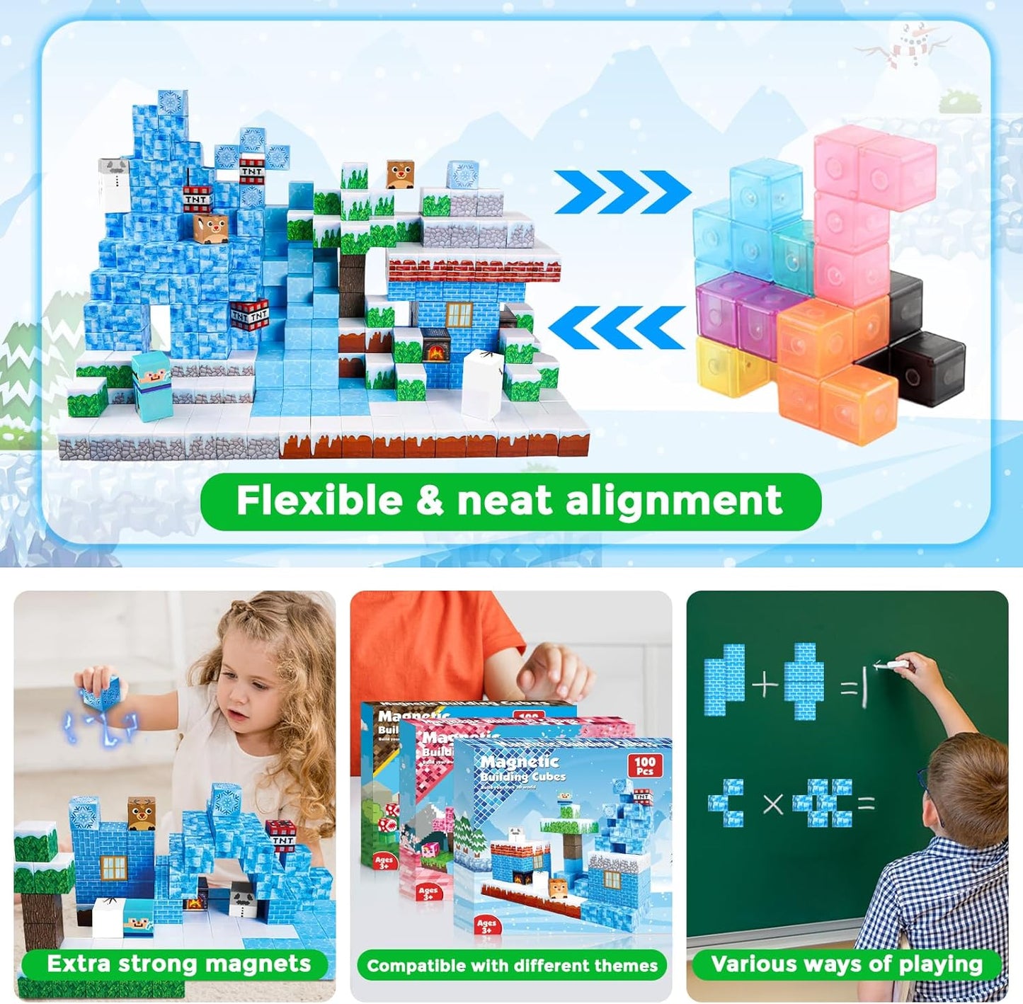 Magnetic Blocks - 100PCS Magnetic Building Blocks Glacier Castle, STEM Montessori Sensory Toys for Toddlers Kids Boys Girls Ages 3 4 5 6 7 8 9 10 Holiday Easter Birthday Gifts