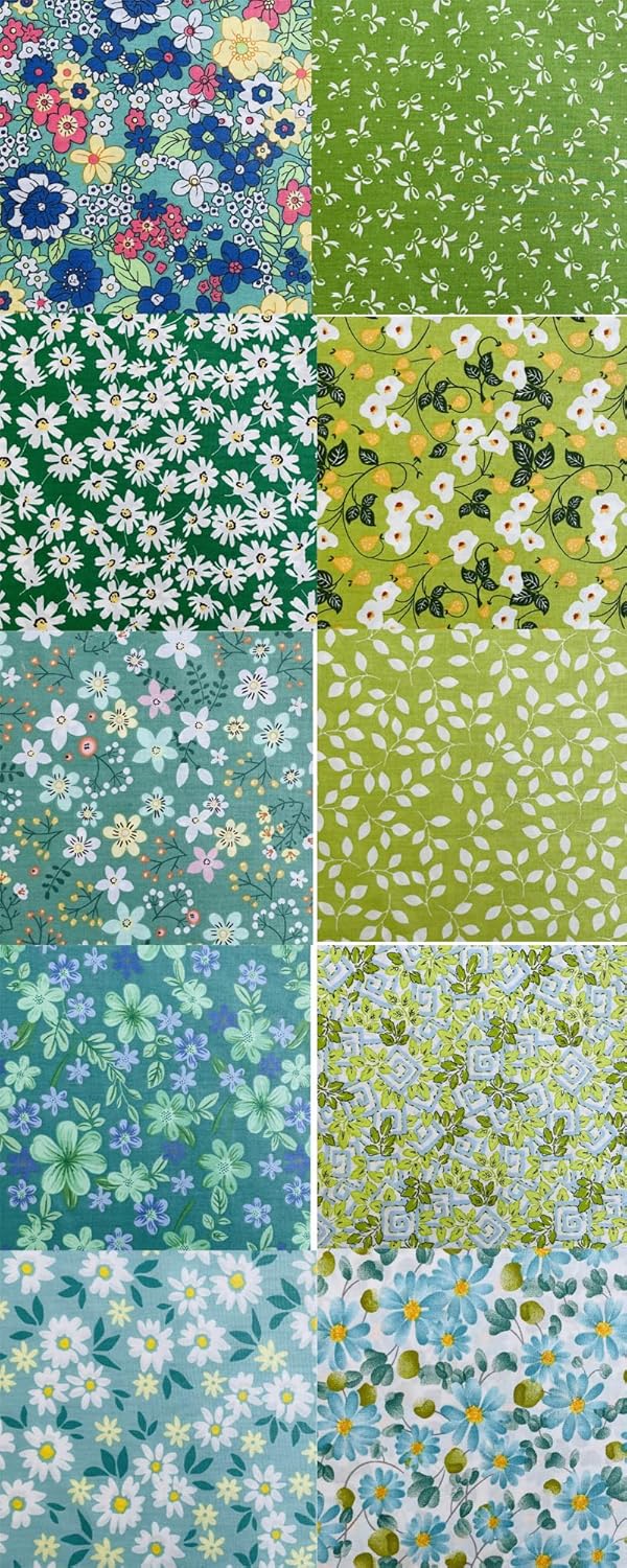 HANPATQUI 50PCS 10 x 10 inch Green Printed 100% Cotton Fat Quarters Fabric for Sewing and Quilting Bundles Precut Fabric Square for DIY Craft Patchwork