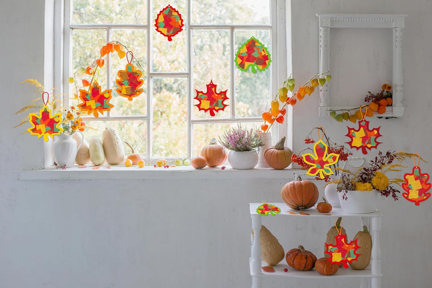 Renbuzhu 40PCS Fall Crafts Bulk: Leaves Paper Suncatchers DIY Kit for Autumn Thanksgiving Activities Decorations, Window Stained Glass Effect Art Supplies(Colorful)
