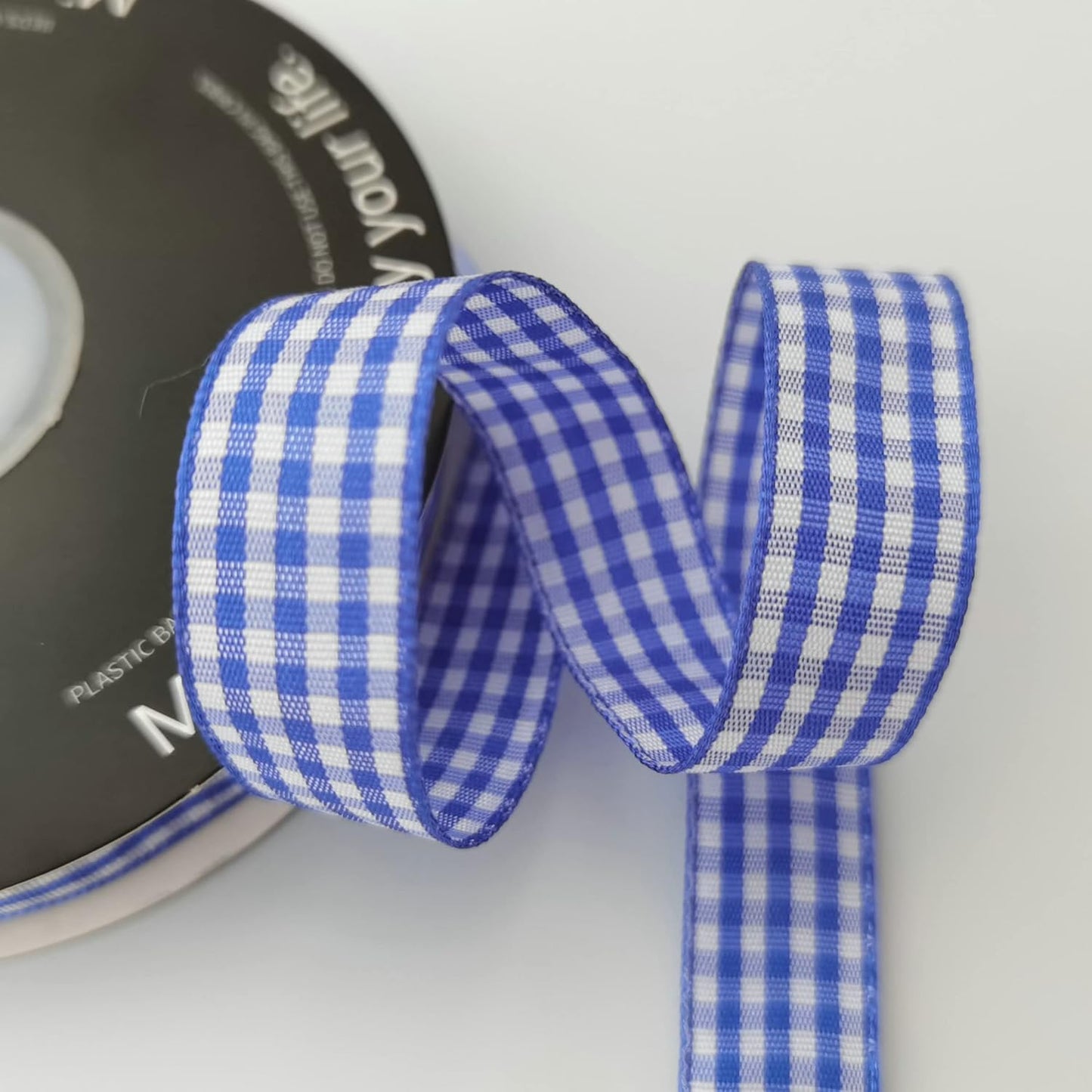 Blue and White Woven Edge Plaid Ribbon 100% Polyester Gingham Ribbon 25 Yards Each Roll (5/8", Blue)