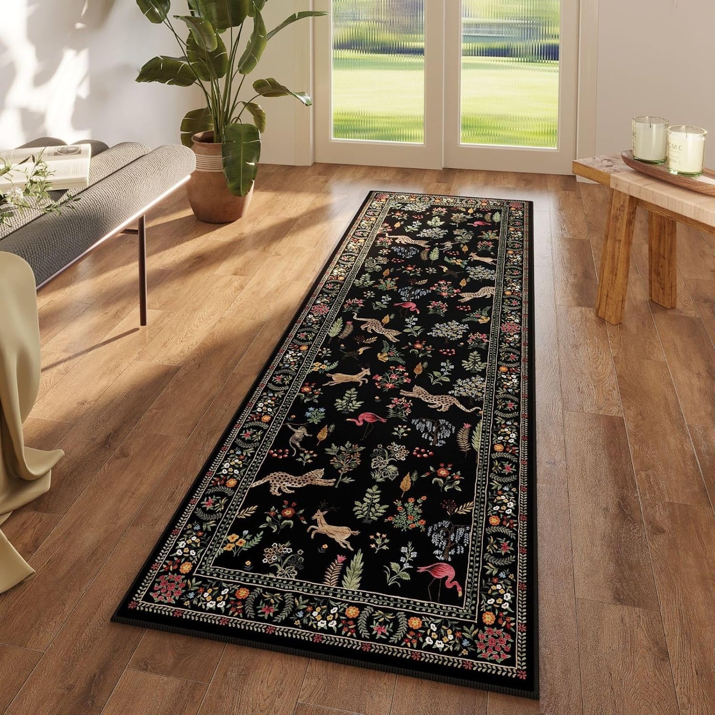 Rugcomf Runner Rug for Kitchen Rug Non Slip 2'x6' Washable Rugs with Rubber Backing Soft Floral Animal Carpet Runner for Kitchen, Laundry, Bedroom, Bathroom (Black)