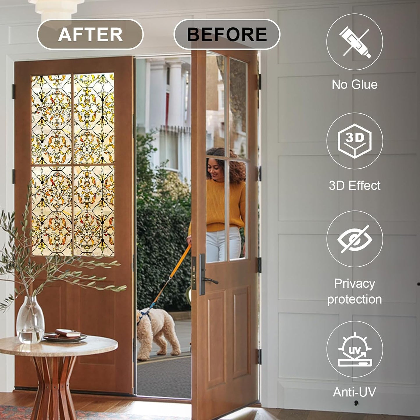 3D Stained Glass Window Privacy Film, Heat Control UV Blocking Static Cling Decorative Window Film for Bathroom,Front Door,Home Non Adhesive 16.9 x 78.7 inches Golden Filigree