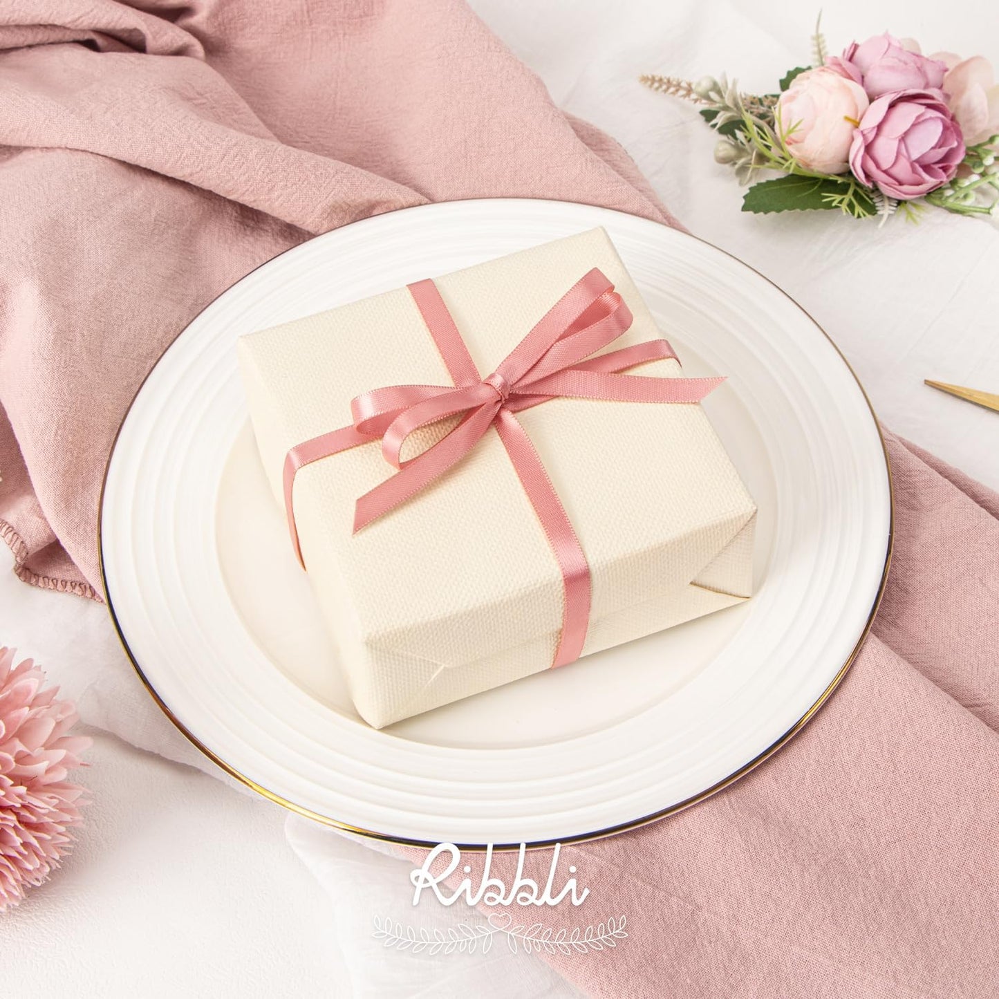 Ribbli Rose Gold Satin Ribbon,Double Faced Satin 1/4 inch x Continuous 50 Yards,Rose Gold Ribbon Use for Bows Bouquet,Gift Wrapping,Wedding Decoration,Floral Arrangement