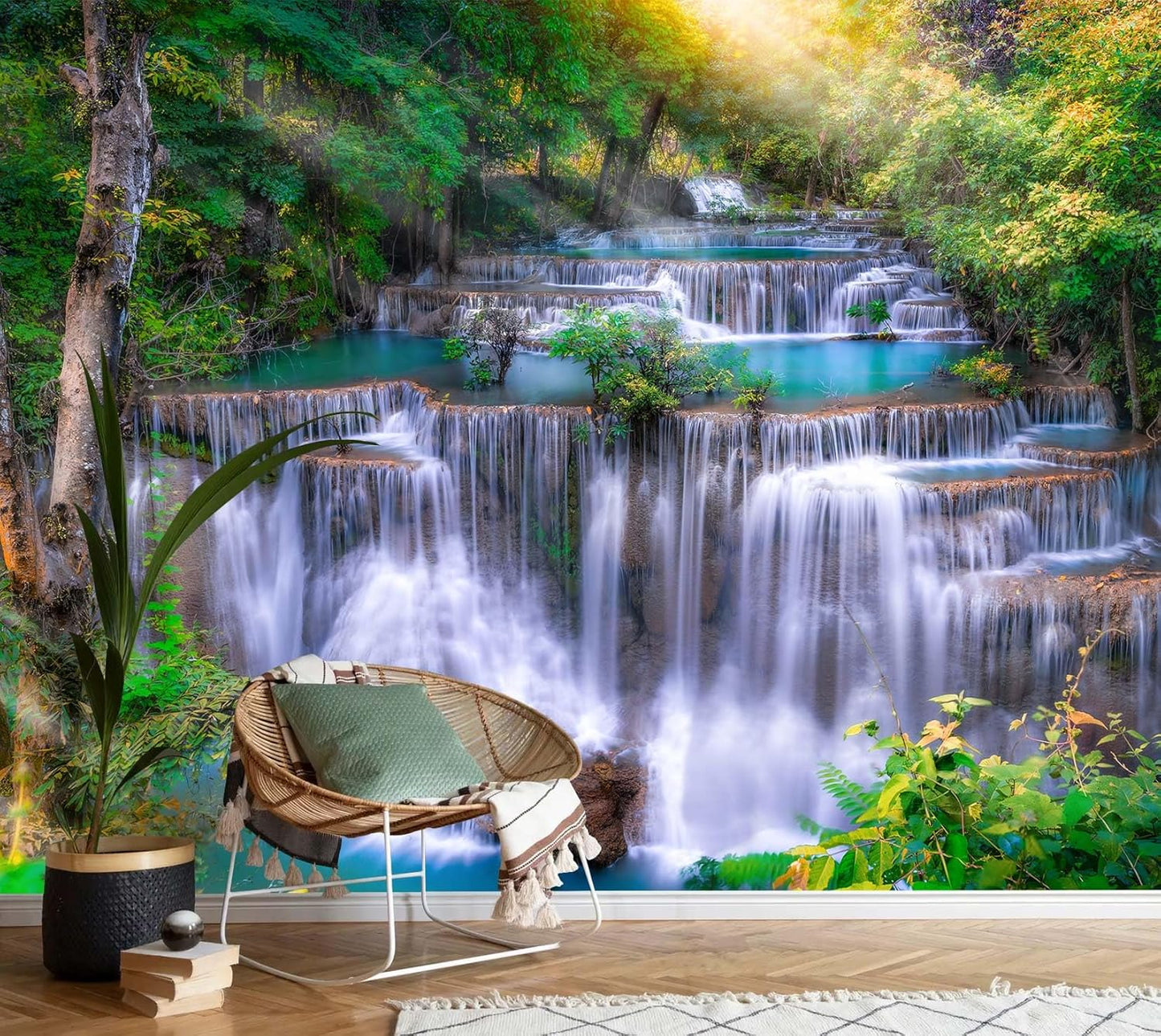 AFZEVEB-Green Waterfall Nature Landscape Wallpaper Wall murals for Kids Room 136"x96"(Not Peel and Stick)