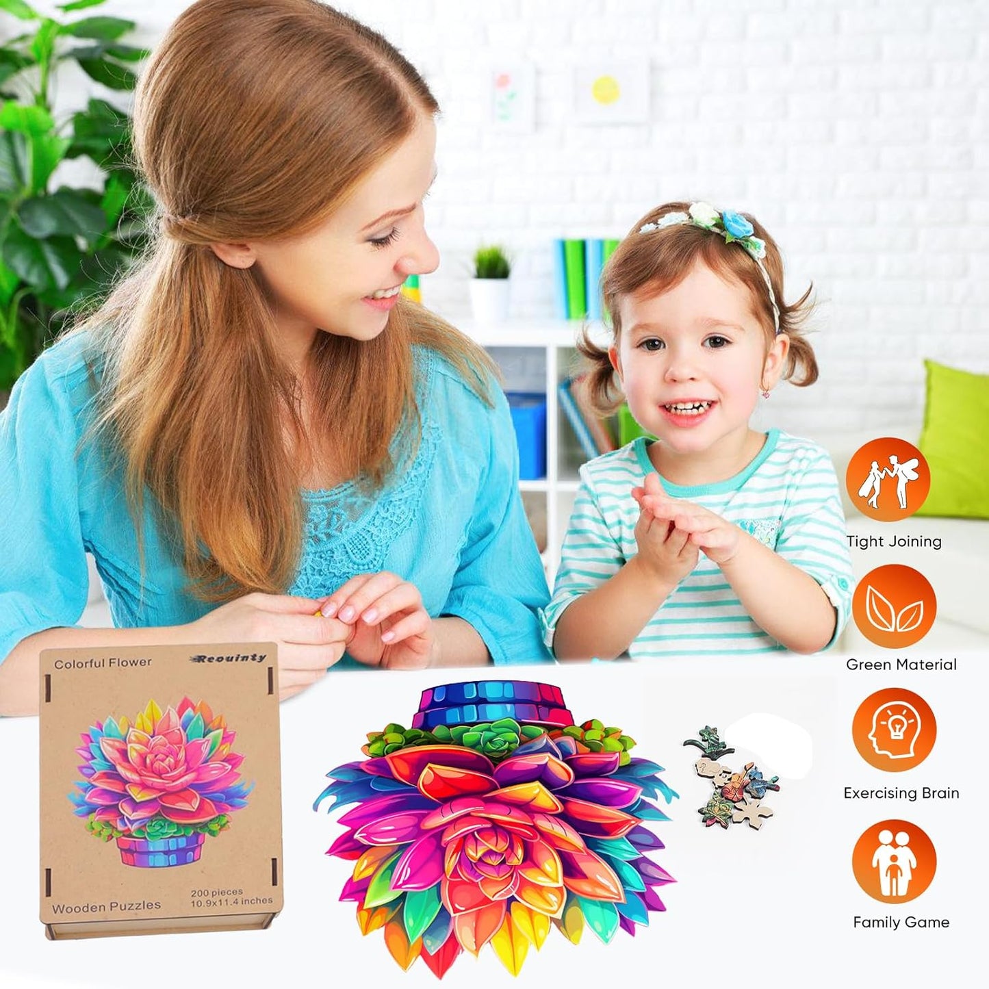 Valentine's Day Wooden Puzzles Colorful Flower Pot 200pcs 11.2'' x 11.2'', Luxurious Shaped Wood Puzzle, Beautiful Package, Best Gift for Adults and Kids, Family Game