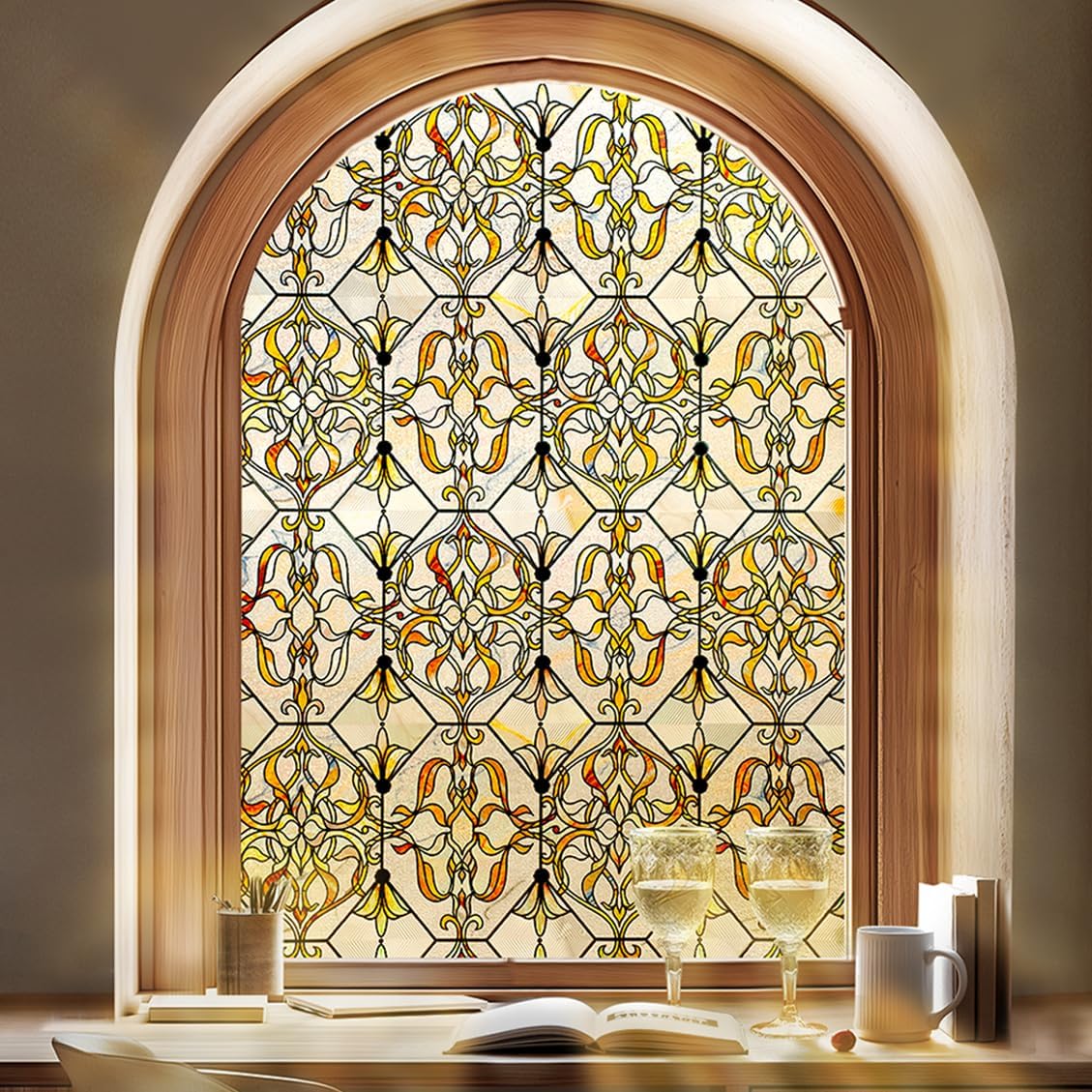 3D Stained Glass Window Privacy Film, Heat Control UV Blocking Static Cling Decorative Window Film for Bathroom,Front Door,Home Non Adhesive 16.9 x 39.3 inches Golden Filigree
