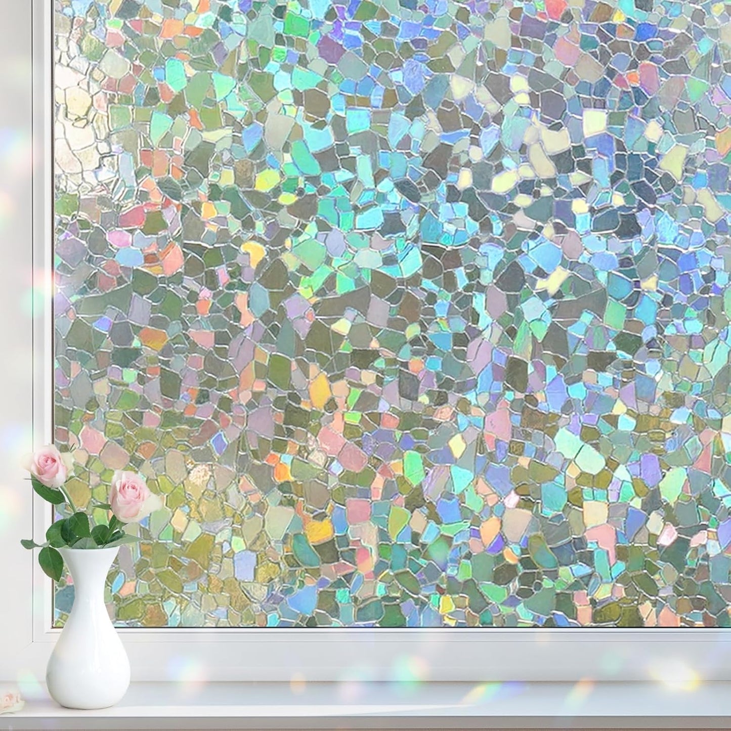 DOWELL Window Privacy Film Rainbow Film, Stained Glass Decorative Sticker, Static Cling Non-Adhesive Glass Clings, Sun Blocking Heat Control Window Coverings for Home Door, 17.5" x 157.4"