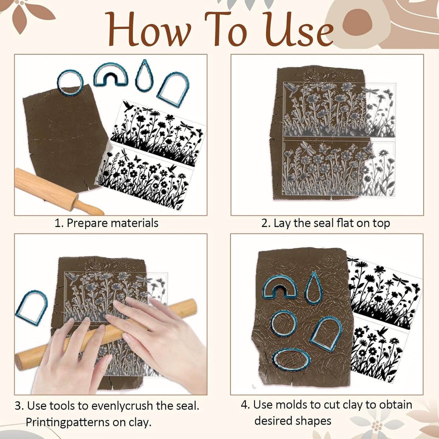 CHGCRAFT Wildflowers Silhouettes Print Pattern Clay Texture Sheet Butterflies and Hummingbirds Silicone Texture Mat DIY Tools for Polymer Clay Making Earrings Jewelry DIY Crafts 5.5 × 5.5 Inch