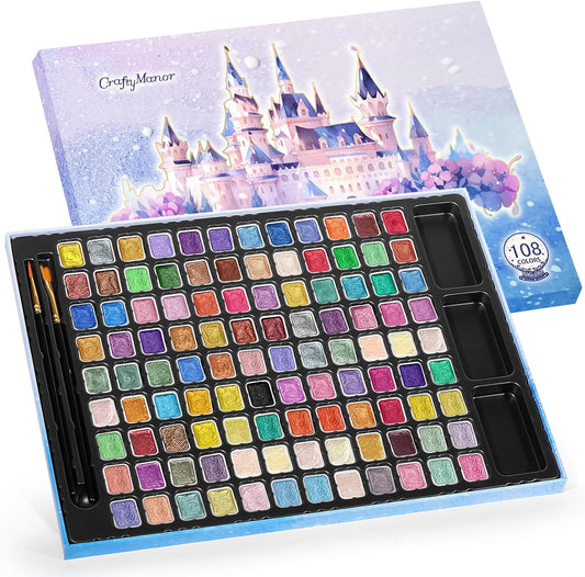 Mini Glitter Watercolor Paint Set with Paper, 108 Colors Shimmer Metallic Watercolour Painting Sets, Solid Pearl Water Color Paints for Adult, Kids, 1ml Trial Package(1ml 108 Colors)