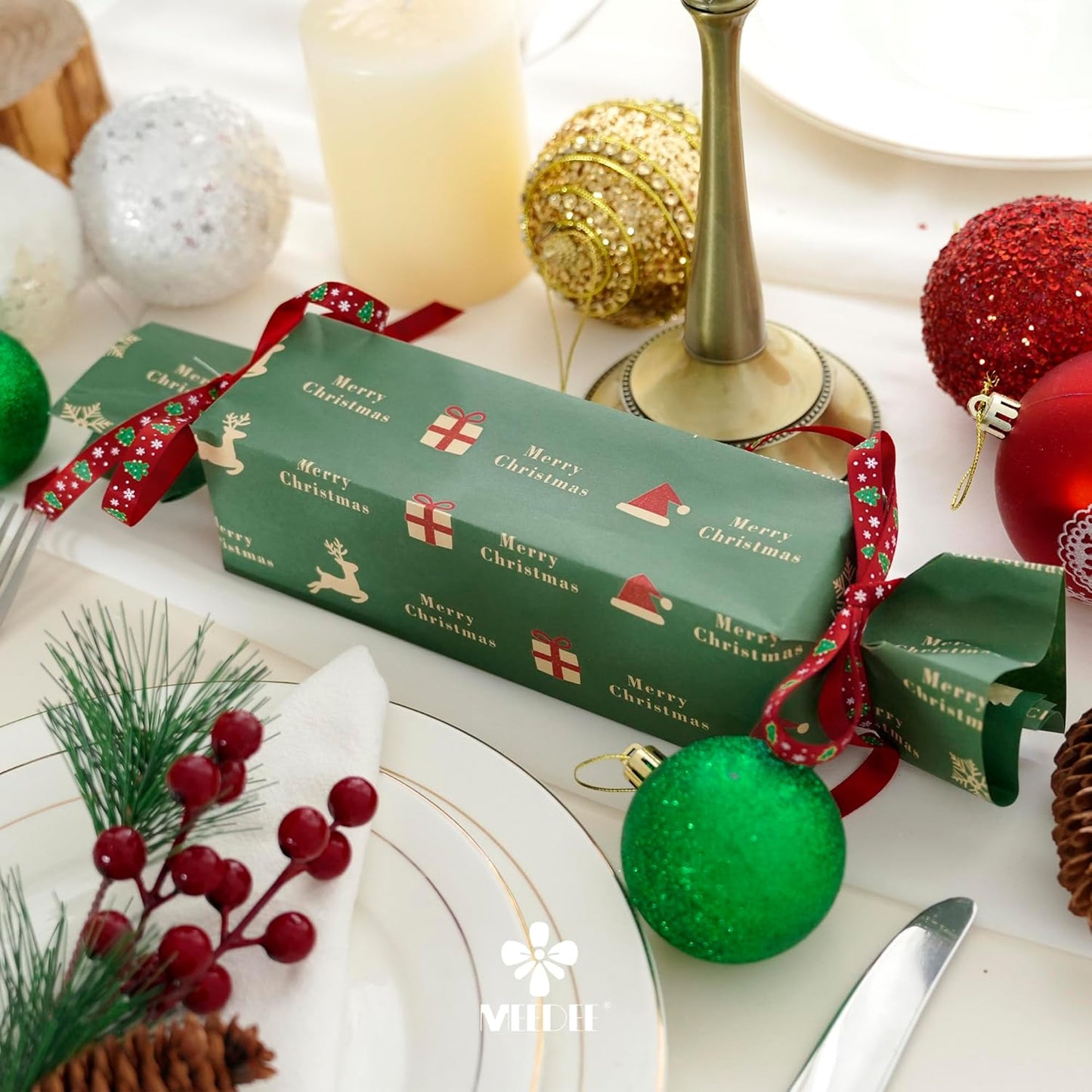 MEEDEE 3/8 inch 100 Yards Assorted Christmas Ribbon - Pack of 20 in Red, Green & White - Mix Grosgrain & Double Face Satin Ribbon for Holiday Décor, Gift Wrapping, Xmas Wreath Bow or Crafting Project