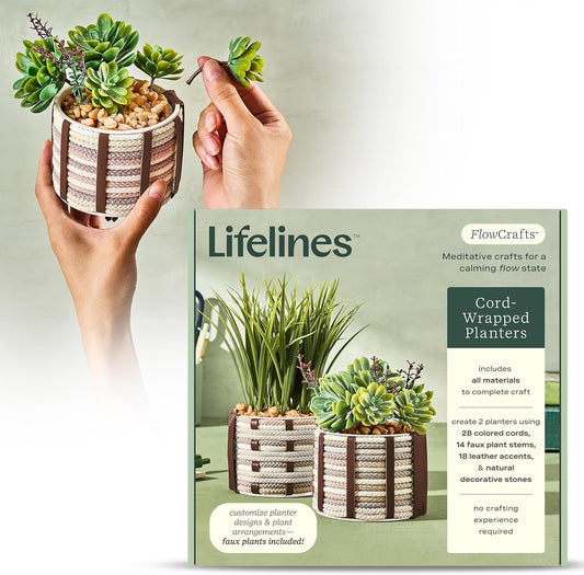 Lifelines FlowCrafts, Cord-Wrapped Planters - Create 2 Unique Planters with Cords in Multi-Colors, Leather Accents, Faux Plant Stems & Decorative Stones - Sensory Arts & Crafts Kit for Teens & Adults