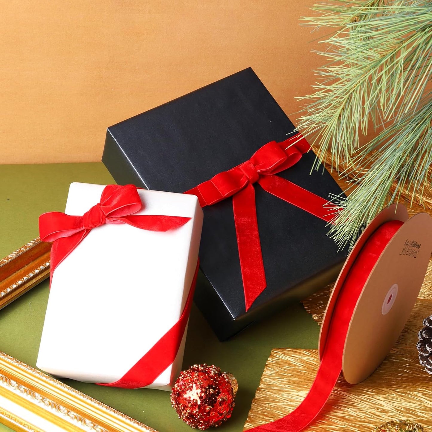 LaRibbons Thin Velvet Ribbon 1 Inch x 25 Yards, Red Velvet Ribbon for Christmas Tree, Gift Wrapping, Wreath Bow, Outdoor Decoration