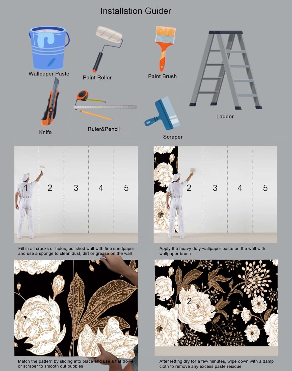 Wall Mural Peonies and Roses Floral Vintage Wallpaper Seamless Gold White Flowers Wall Coverings for Living Room Bedroom Kids Room（Not Peel and Stick）