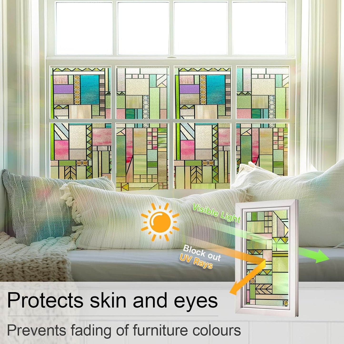 3D Stained Glass Window Privacy Film, Heat Control UV Blocking Static Cling Decorative Window Film for Bathroom,Front Door,Home Non Adhesive 16.9 x 78.7 inches Colorful Abstraction