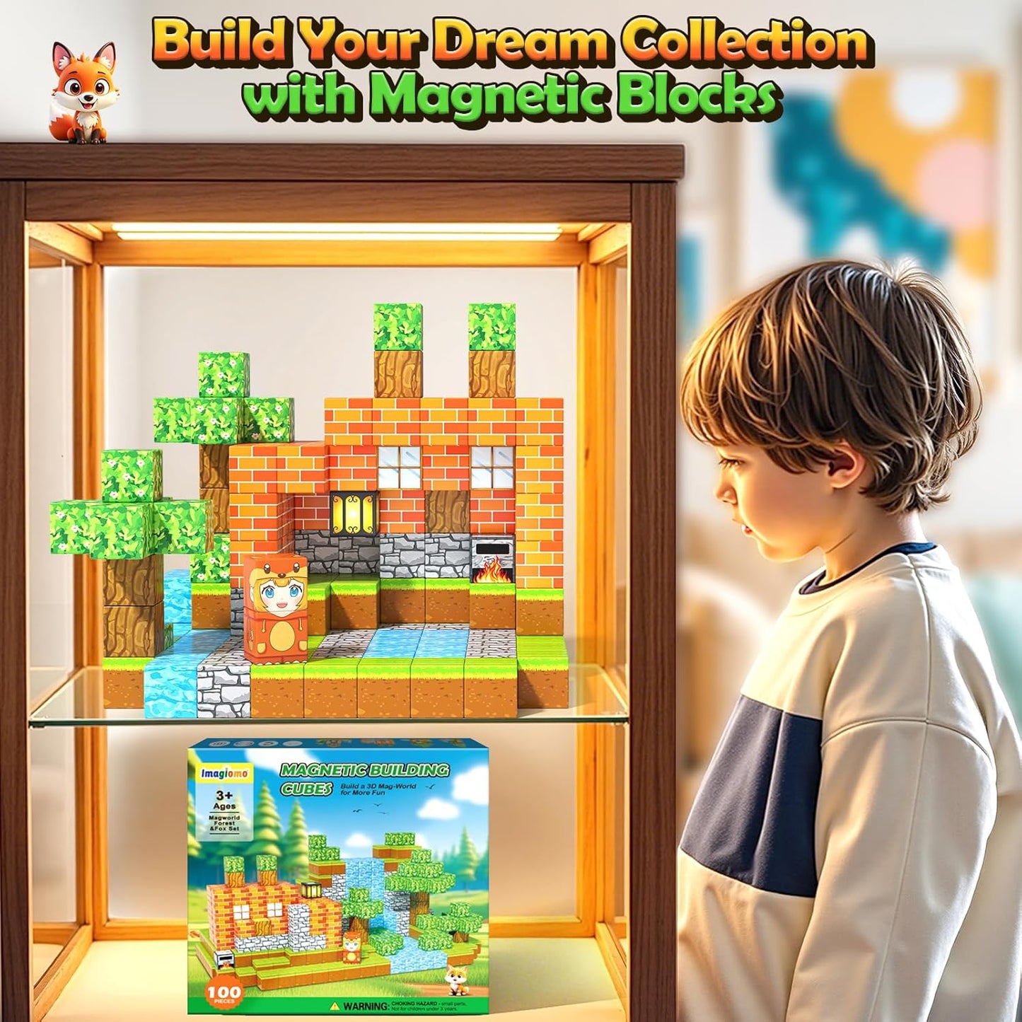 100PCS Magnetic Blocks - Build Mine Magnet World Froest Fox Adventure Set, Magnetic Toys Kids Games for Boys & Girls Age 3-5 5-7 8-12, Sensory Construction Outdoor Toys for Toddlers Birthday Gifts