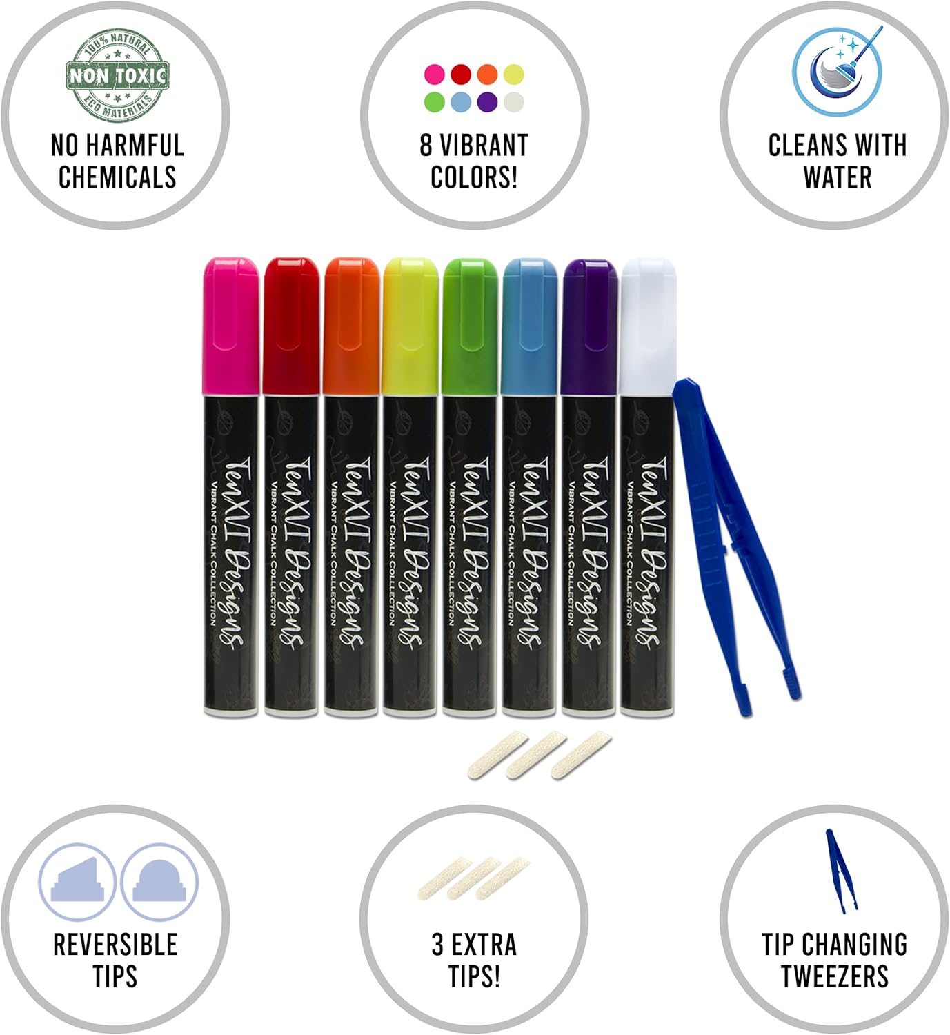 TenXVI Designs Chalk Markers - 8 Vibrant Colors, 6mm Reversible Tips, Erasable, Non-Toxic, Water Based for Kids & Adults - For Chalkboard, Glass & Non-Porous Surfaces, Liquid Chalk Board Markers