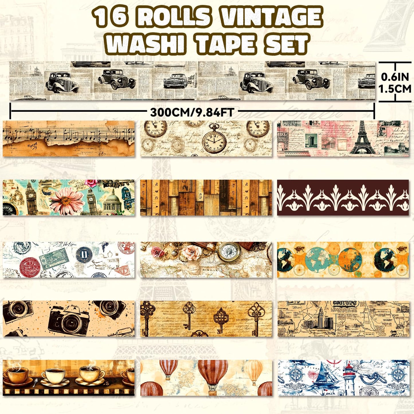 Washi Tape Set 16 Rolls, Decorative Tape, Vintage Washi Tape, Craft Tape, Scrapbook Tape, Washi Tape for Journaling, Washy Tape, Travel Washi Tapes