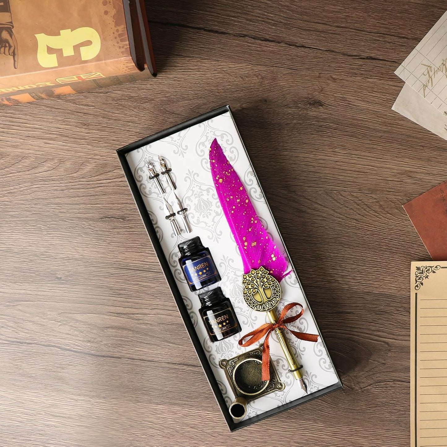 Feather Pen and Ink Set,quill pen ink set,Antique Calligraphy Pen with 4 Replaceable Nibs,2 Bottle of ink,Pen Holder Christmas Gift for Men&Women.(Purple)