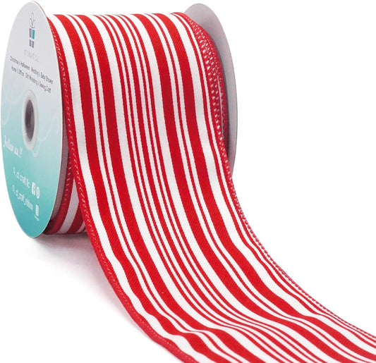 CT CRAFT LLC Red and White Stripe Wired Ribbon – 2.5" Wide x 10 Yards Long Decorative Fabric Ribbon for Crafts, Gift Wrapping, and Holiday Décor