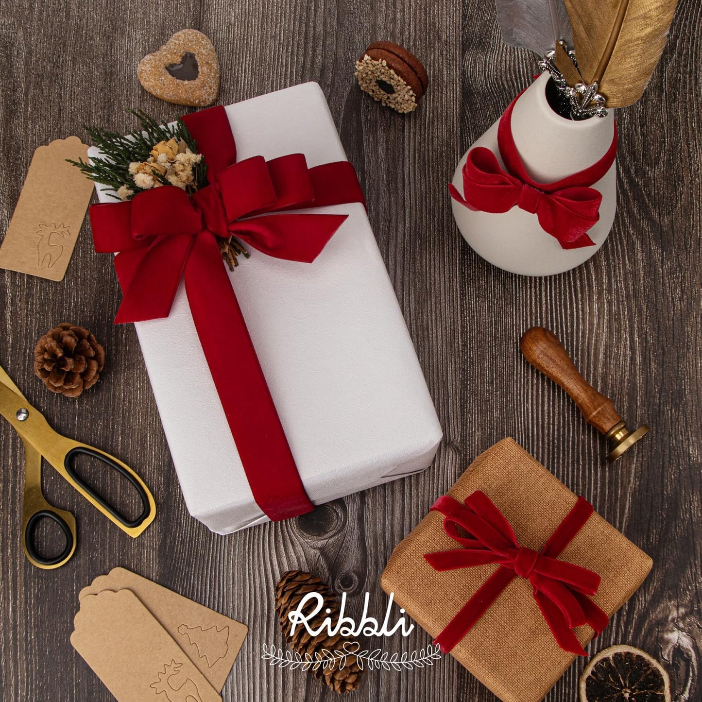 Ribbli Polyester Dark Red Velvet Ribbon,5/8 Inches Continuous10-Yard Spool,Christmas Ribbon for Gift Wrapping,Floral Bouquets, Home Decor