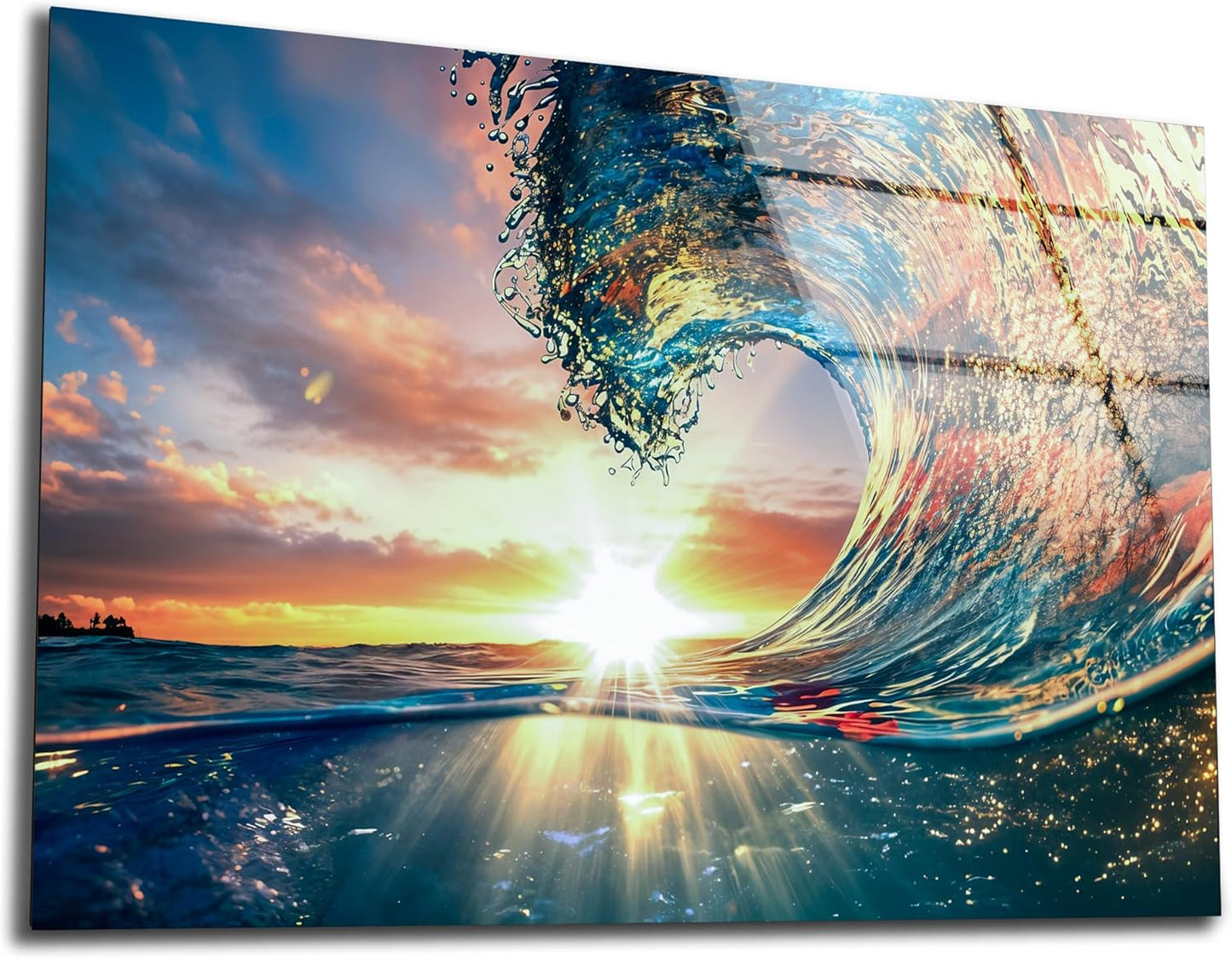 SpiritualHands Shining Sun and Waves Printed Tempered Glass Wall Art Painting for Living Room, Tempered Glass Modern Prints Decor, Large Vivid Color Panel for Bedroom, Kitchen, or Office