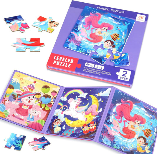 Magnetic Puzzles for Toddlers 1-3, Cartoon Mermaid Magnet 3 in 1 Jigsaw Puzzle, Kids Travel Puzzles Toys, Preschool Learning Toy for Kids 1-8 Year (Mermaid)