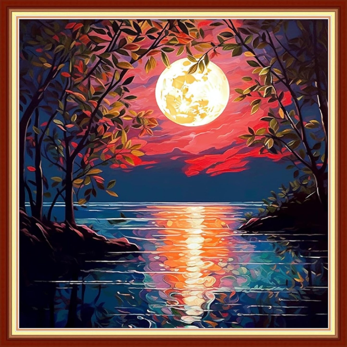 Foxdiviy Stamped Cross Stitch Kits Full Range of Embroidery Needlework Starter Kits for Beginners Adults 11CT Embroidery Patterns Art Crafts DIY Needlepoint Kits-Moonlight Scenery 18x18 inch
