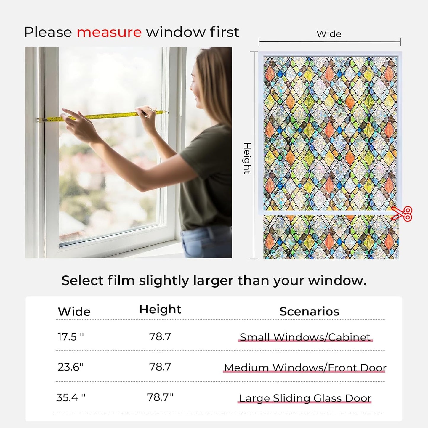 Window Privacy Film Rainbow Film Stained Glass 3D Static Cling Decorative Window Sticker for Bathroom,Front Door,Home Heat Control UV Blocking Non Adhesive,Diamond Grid 35.4 x 78.7inches
