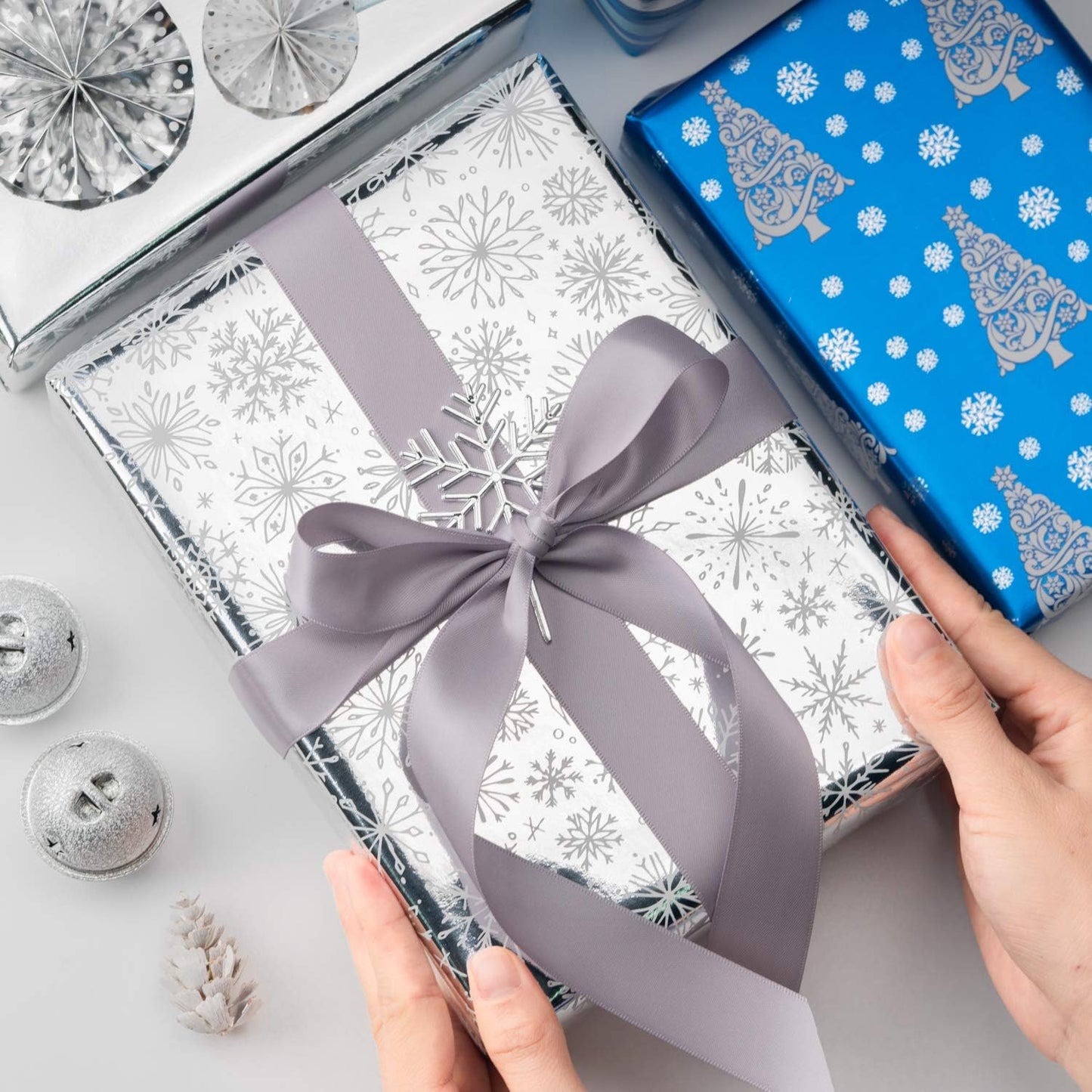 WRAPAHOLIC Blue Christmas Wrapping Paper Set - Blue and Silver Metallic Foil Shine Christmas Wrapping Paper Bundle with Gift Bow & Ribbon & Tag & Sticker