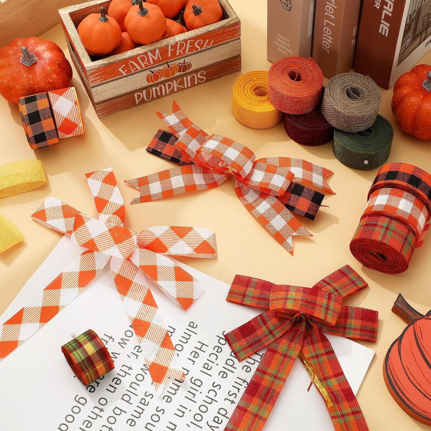 10 Rolls 50 Yard Fall Plaid Burlap Ribbon Rolls 1 Inch Autumn Gift Wrapping Ribbon Decorative for DIY Crafts Wreath Bow Making Supplies Home Decor