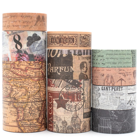YUBX Vintage Washi Tape Set 10 Rolls Wide Decorative Antique Map Stamp Newspaper Masking Tapes for Arts, DIY Crafts, Journals, Planners, Scrapbook, Wrapping 9/16'', 13/16'', 1'', 1 3/4'', 2 3/8''