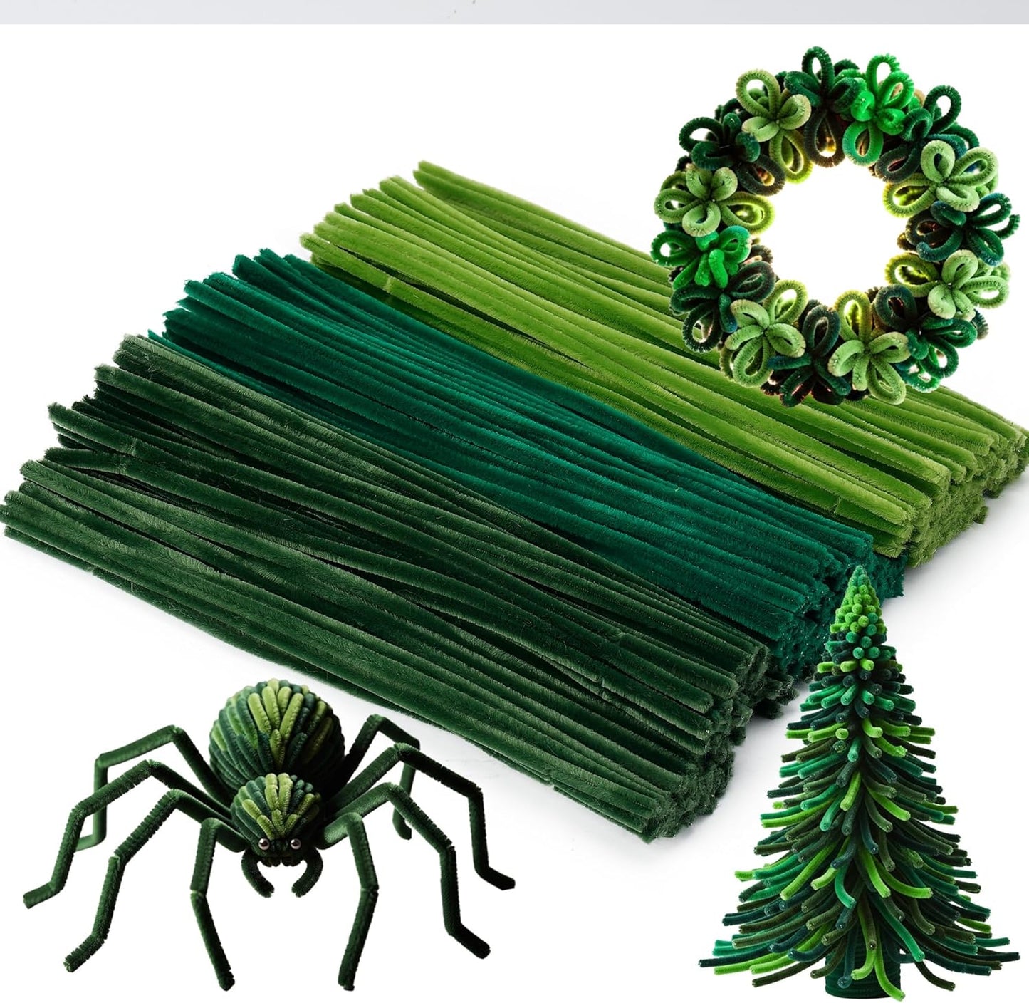 Caydo 300 Pieces Green Pipe Cleaners, Thick Fluffy Chenille Stems, Pipe Cleaner Crafts for Arts & Crafts, Perfect for Making Animals, Flowers, and Festive Decorations
